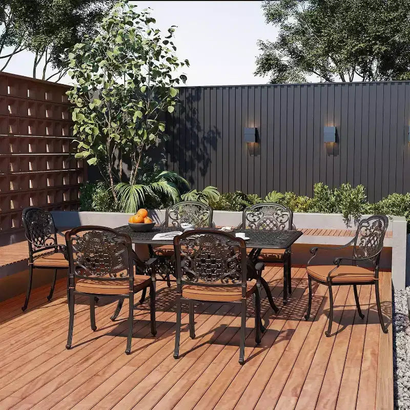 Tavolo da pranzo da esterno in alluminio pressofuso da 59 pollici, tavolo da patio da esterno per 6 persone, tavolo da pranzo da patio con 2 fori per ombrellone e piedini regolabili per giardino, cortile