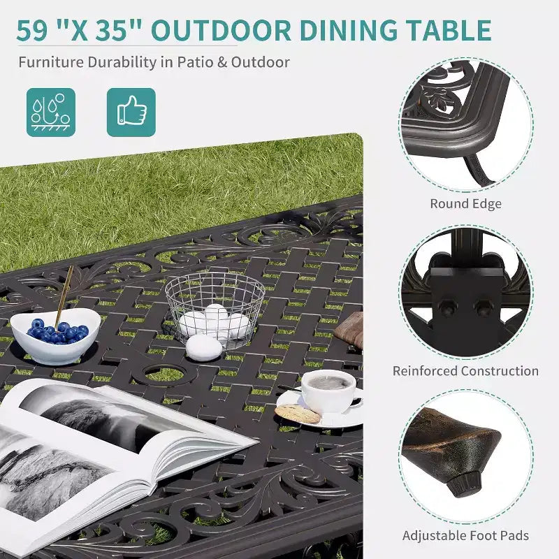 Tavolo da pranzo da esterno in alluminio pressofuso da 59 pollici, tavolo da patio da esterno per 6 persone, tavolo da pranzo da patio con 2 fori per ombrellone e piedini regolabili per giardino, cortile
