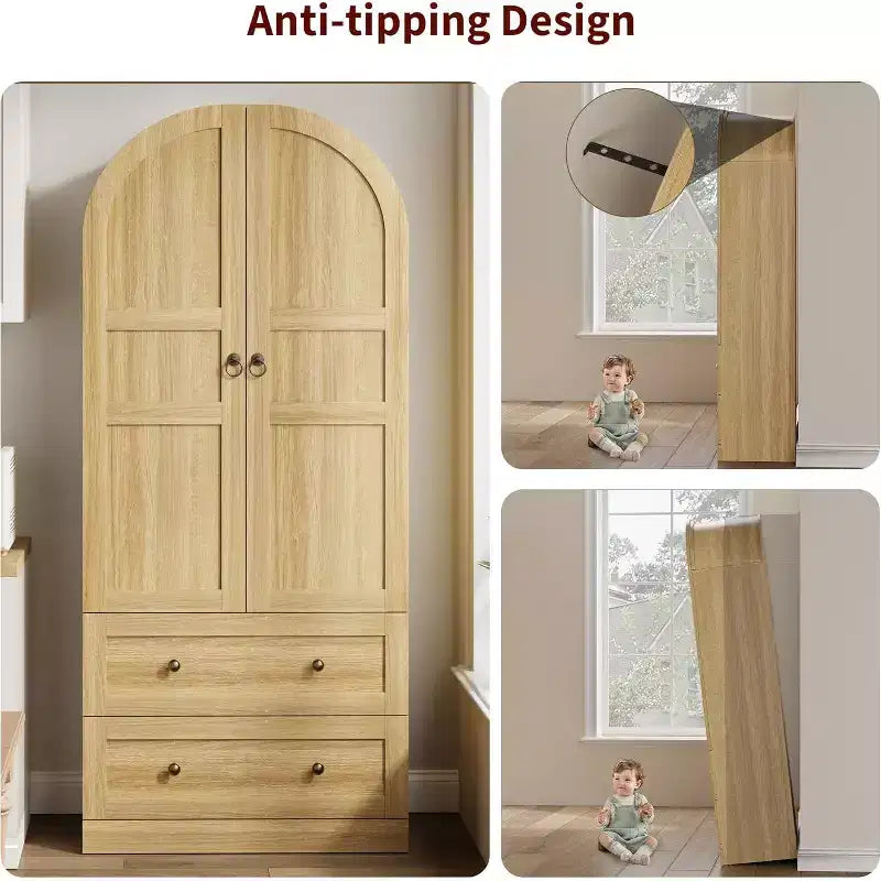 Dispensa da cucina alta 72" con ante in legno/vetro e cassetti, ripiani in legno ad arco, credenza grande indipendente in stile rustico per la sala da pranzo