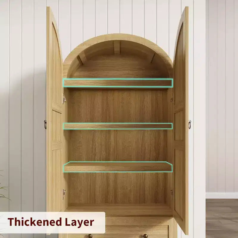 Dispensa da cucina alta 72" con ante in legno/vetro e cassetti, ripiani in legno ad arco, credenza grande indipendente in stile rustico per la sala da pranzo