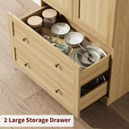 Dispensa da cucina alta 72" con ante in legno/vetro e cassetti, ripiani in legno ad arco, credenza grande indipendente in stile rustico per la sala da pranzo
