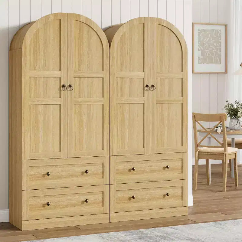 Dispensa da cucina alta 72" con ante in legno/vetro e cassetti, ripiani in legno ad arco, credenza grande indipendente in stile rustico per la sala da pranzo