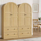 Dispensa da cucina alta 72" con ante in legno/vetro e cassetti, ripiani in legno ad arco, credenza grande indipendente in stile rustico per la sala da pranzo