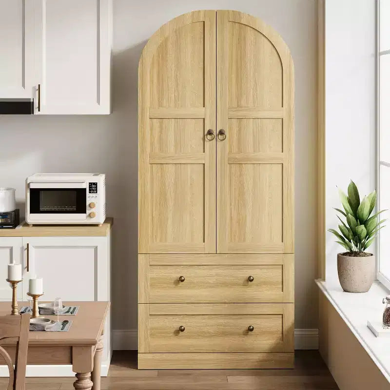 Dispensa da cucina alta 72" con ante in legno/vetro e cassetti, ripiani in legno ad arco, credenza grande indipendente in stile rustico per la sala da pranzo