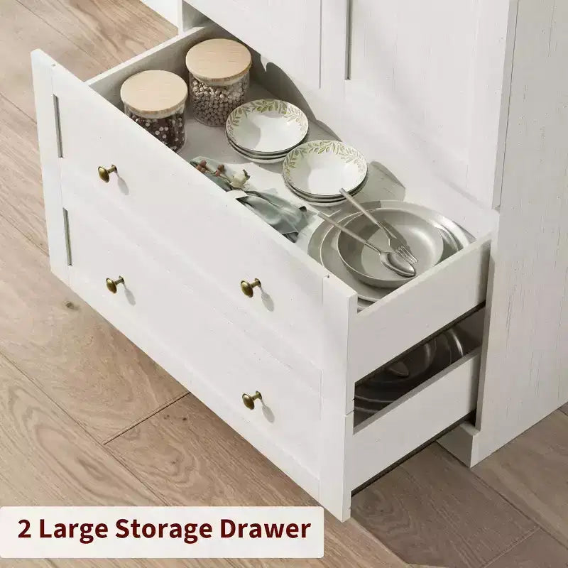 Dispensa da cucina alta 72" con ante in legno/vetro e cassetti, ripiani in legno ad arco, credenza grande indipendente in stile rustico per la sala da pranzo