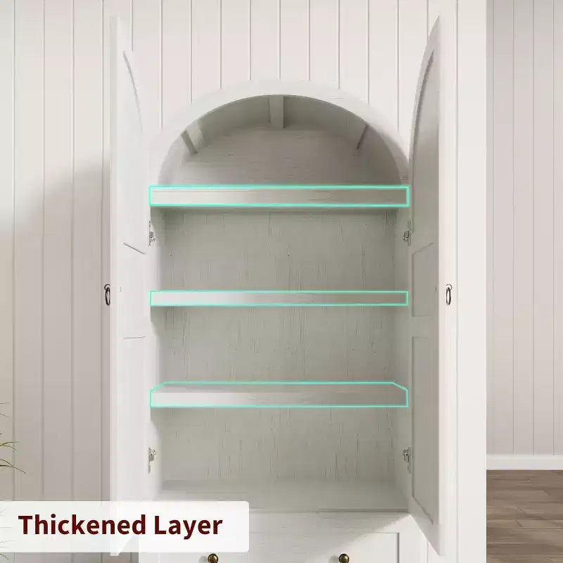 Dispensa da cucina alta 72" con ante in legno/vetro e cassetti, ripiani in legno ad arco, credenza grande indipendente in stile rustico per la sala da pranzo