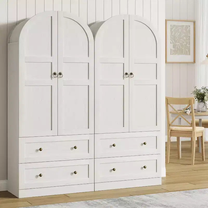 Dispensa da cucina alta 72" con ante in legno/vetro e cassetti, ripiani in legno ad arco, credenza grande indipendente in stile rustico per la sala da pranzo