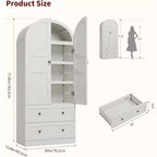 Dispensa da cucina alta 72" con ante in legno/vetro e cassetti, ripiani in legno ad arco, credenza grande indipendente in stile rustico per la sala da pranzo