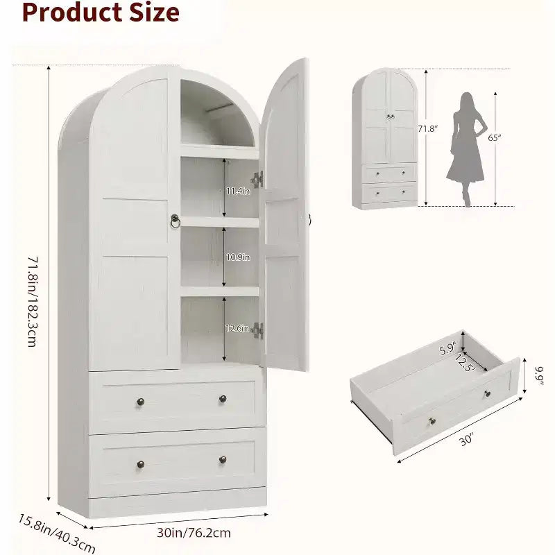 Dispensa da cucina alta 72" con ante in legno/vetro e cassetti, ripiani in legno ad arco, credenza grande indipendente in stile rustico per la sala da pranzo