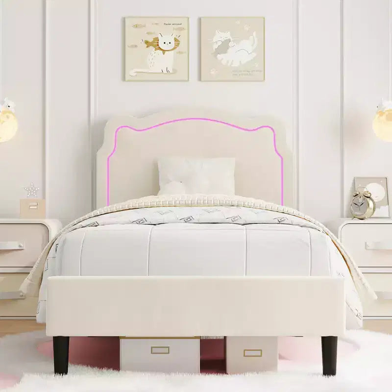 COZONY Struttura Letto Singolo Imbottita in Velluto con Testiera Regolabile, Letto a Piattaforma per Bambina con Doghe in Legno, Nessuna Rete a Molle Necessaria