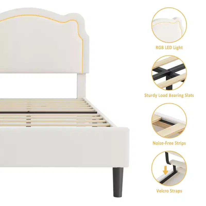 COZONY Struttura Letto Singolo Imbottita in Velluto con Testiera Regolabile, Letto a Piattaforma per Bambina con Doghe in Legno, Nessuna Rete a Molle Necessaria