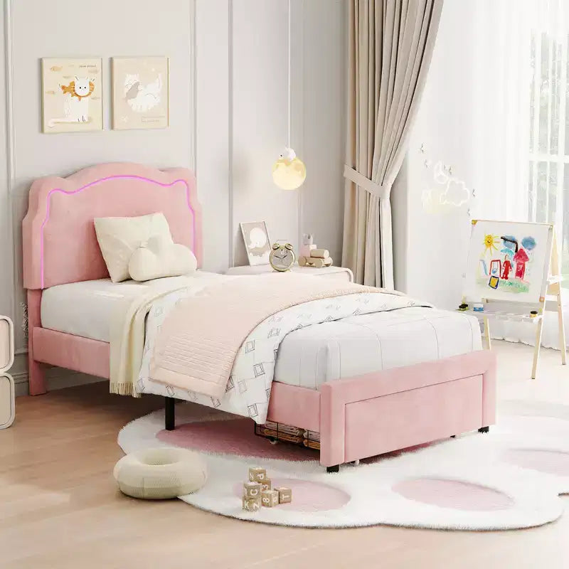 COZONY Struttura Letto Singolo Imbottita in Velluto con Testiera Regolabile, Letto a Piattaforma per Bambina con Doghe in Legno, Nessuna Rete a Molle Necessaria