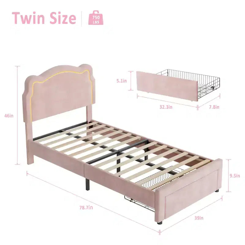 COZONY Struttura Letto Singolo Imbottita in Velluto con Testiera Regolabile, Letto a Piattaforma per Bambina con Doghe in Legno, Nessuna Rete a Molle Necessaria