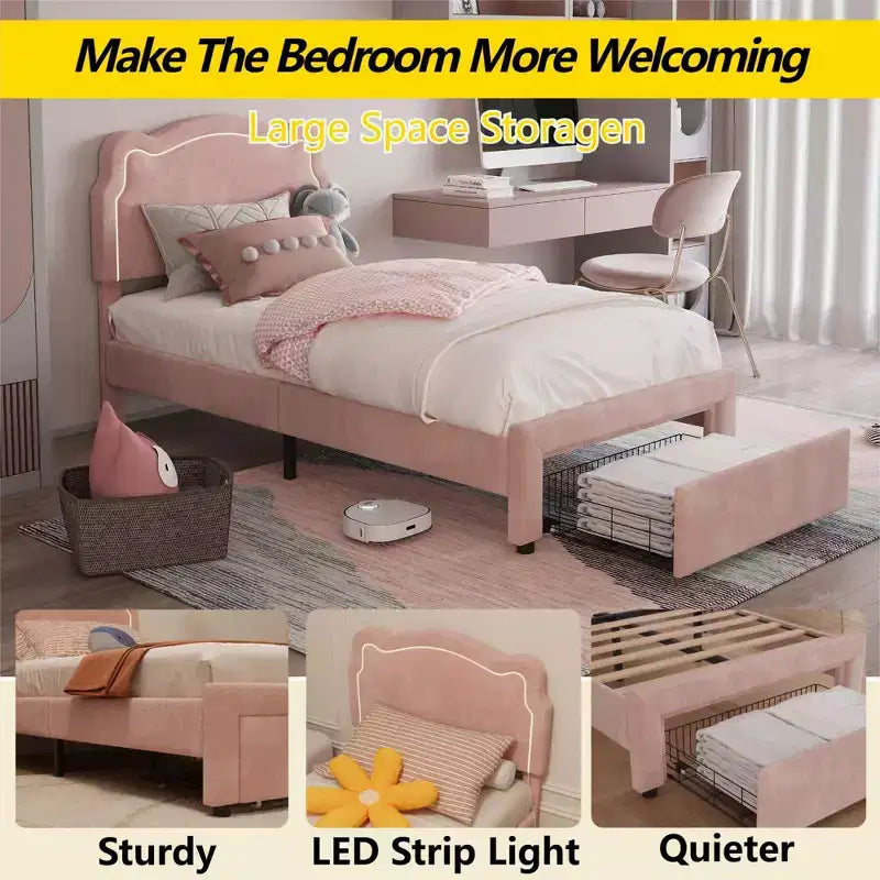 COZONY Struttura Letto Singolo Imbottita in Velluto con Testiera Regolabile, Letto a Piattaforma per Bambina con Doghe in Legno, Nessuna Rete a Molle Necessaria