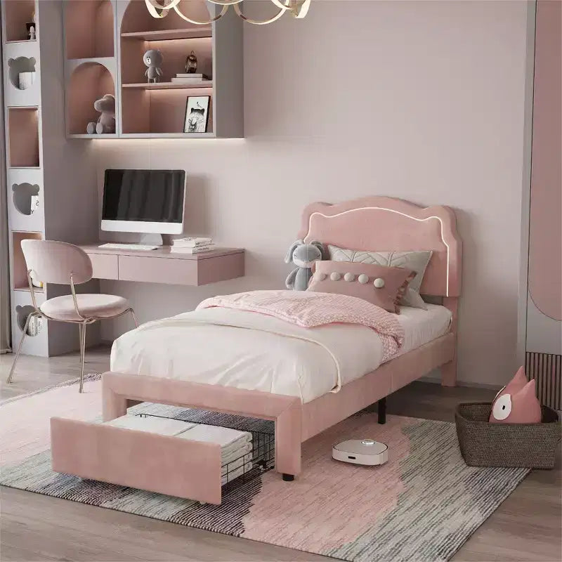 COZONY Struttura Letto Singolo Imbottita in Velluto con Testiera Regolabile, Letto a Piattaforma per Bambina con Doghe in Legno, Nessuna Rete a Molle Necessaria