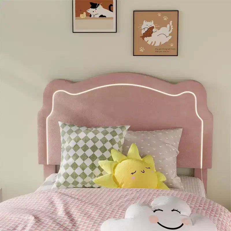 COZONY Struttura Letto Singolo Imbottita in Velluto con Testiera Regolabile, Letto a Piattaforma per Bambina con Doghe in Legno, Nessuna Rete a Molle Necessaria