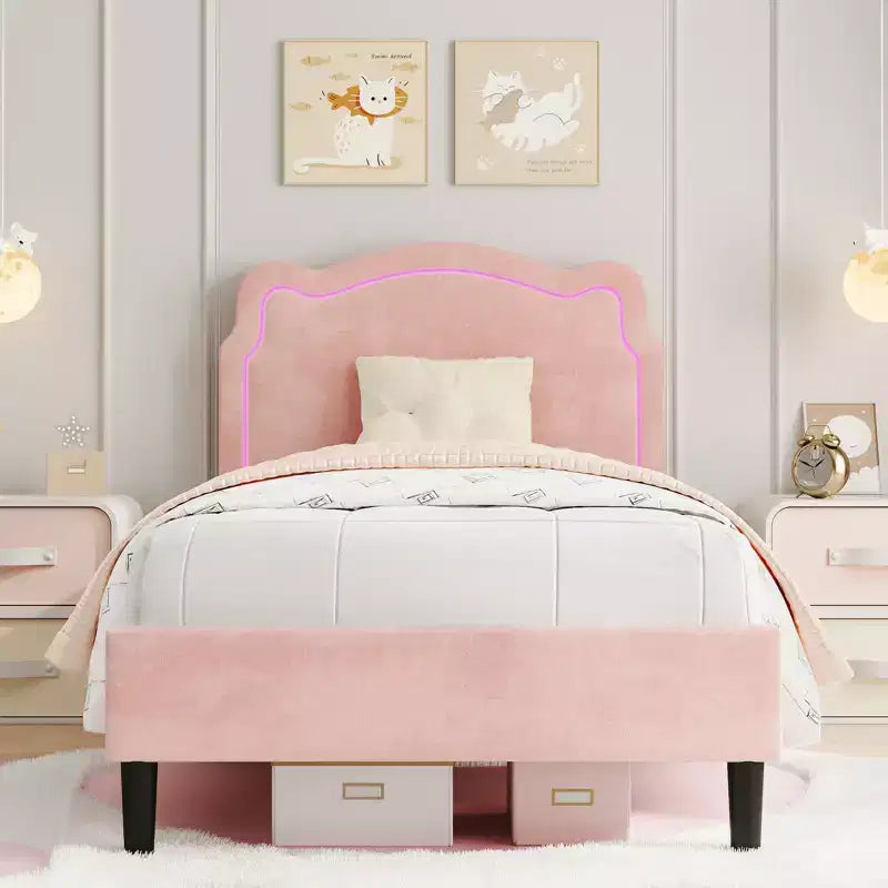 COZONY Struttura Letto Singolo Imbottita in Velluto con Testiera Regolabile, Letto a Piattaforma per Bambina con Doghe in Legno, Nessuna Rete a Molle Necessaria