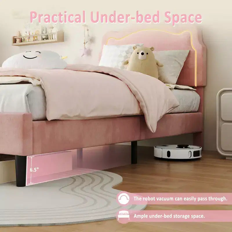 COZONY Struttura Letto Singolo Imbottita in Velluto con Testiera Regolabile, Letto a Piattaforma per Bambina con Doghe in Legno, Nessuna Rete a Molle Necessaria