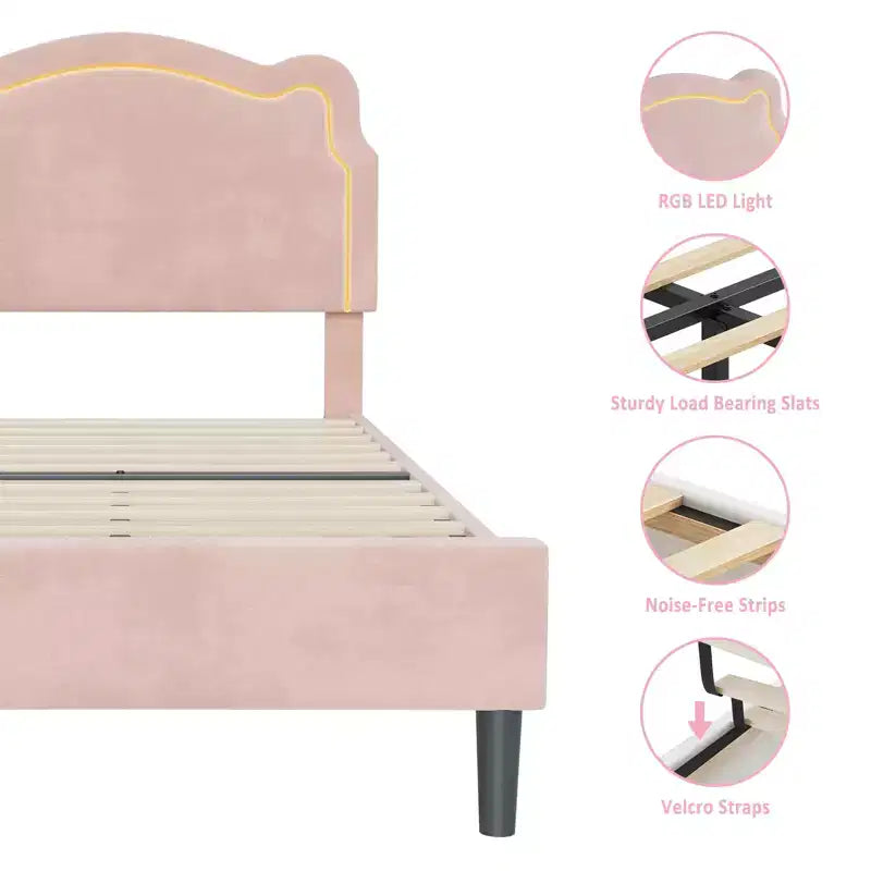 COZONY Struttura Letto Singolo Imbottita in Velluto con Testiera Regolabile, Letto a Piattaforma per Bambina con Doghe in Legno, Nessuna Rete a Molle Necessaria