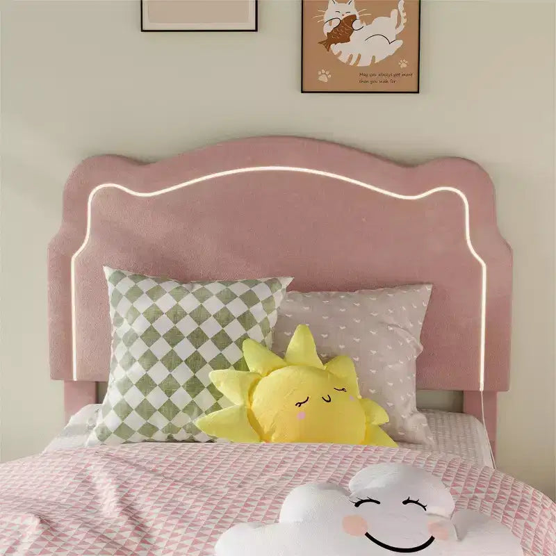 COZONY Struttura Letto Singolo Imbottita in Velluto con Testiera Regolabile, Letto a Piattaforma per Bambina con Doghe in Legno, Nessuna Rete a Molle Necessaria