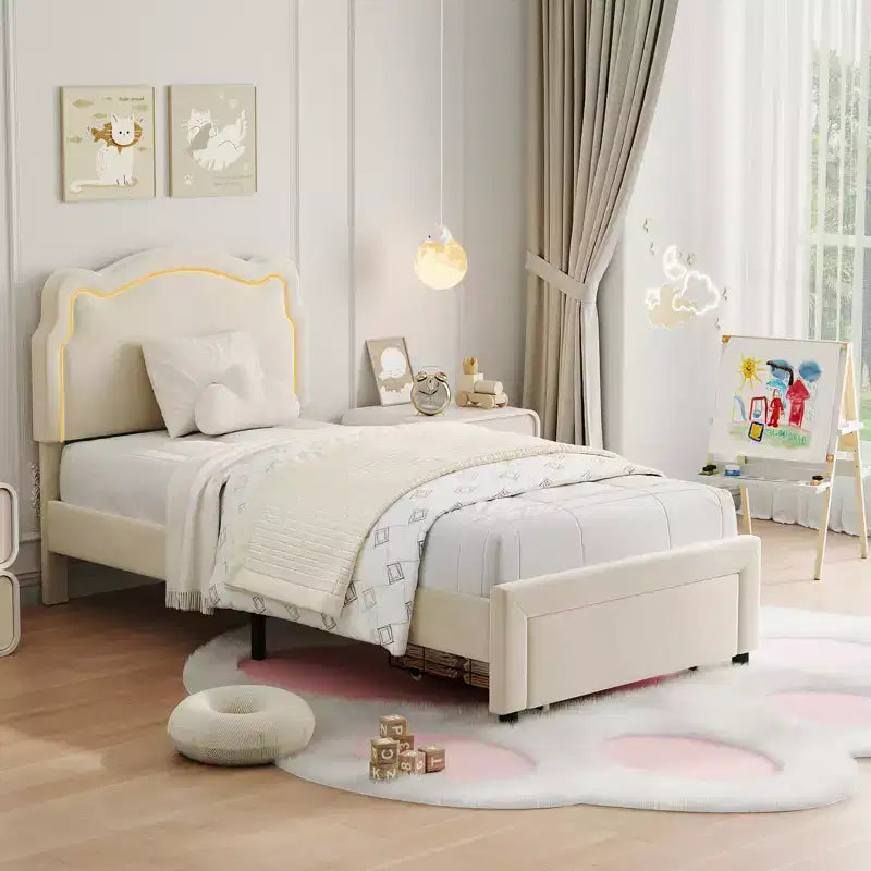 COZONY Struttura Letto Singolo Imbottita in Velluto con Testiera Regolabile, Letto a Piattaforma per Bambina con Doghe in Legno, Nessuna Rete a Molle Necessaria