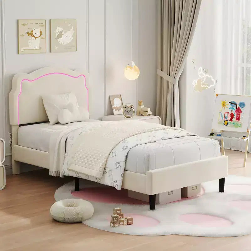 COZONY Struttura Letto Singolo Imbottita in Velluto con Testiera Regolabile, Letto a Piattaforma per Bambina con Doghe in Legno, Nessuna Rete a Molle Necessaria