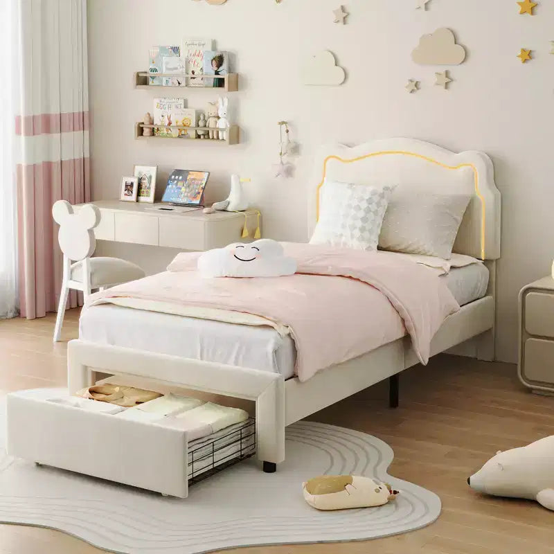 COZONY Twin Velvet Upholstered Bed Frame with Adjustable Headboard, Princess Platform Bed with Wooden Slats, No Box Spring Needed