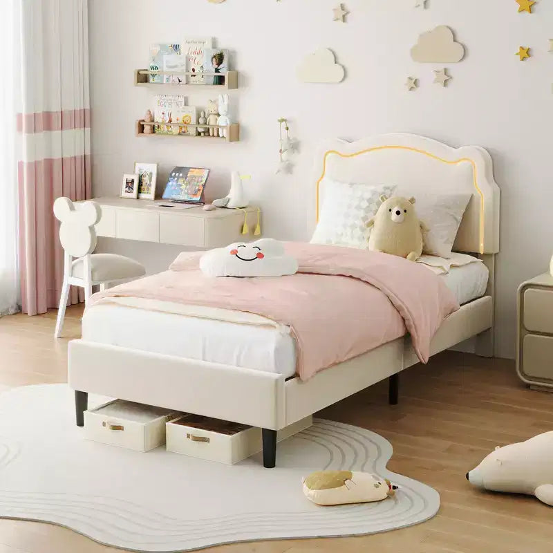 COZONY Struttura Letto Singolo Imbottita in Velluto con Testiera Regolabile, Letto a Piattaforma per Bambina con Doghe in Legno, Nessuna Rete a Molle Necessaria