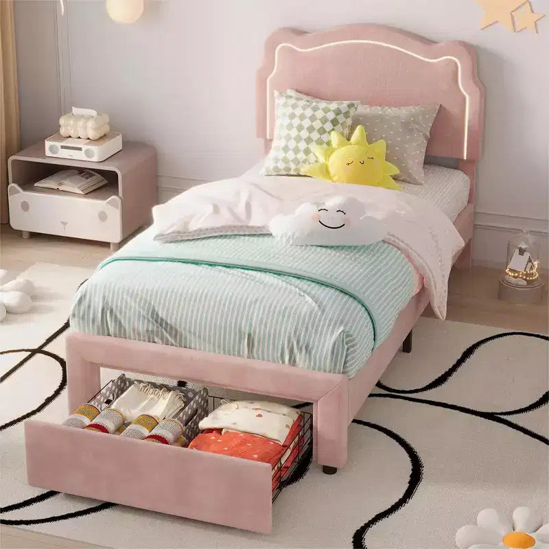 COZONY Struttura Letto Singolo Imbottita in Velluto con Testiera Regolabile, Letto a Piattaforma per Bambina con Doghe in Legno, Nessuna Rete a Molle Necessaria