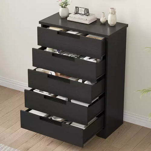 Comò a 5 cassetti per camera da letto, comodino nero con cassetti e maniglie incorporate, organizer in legno per soggiorno, cameretta, ingresso