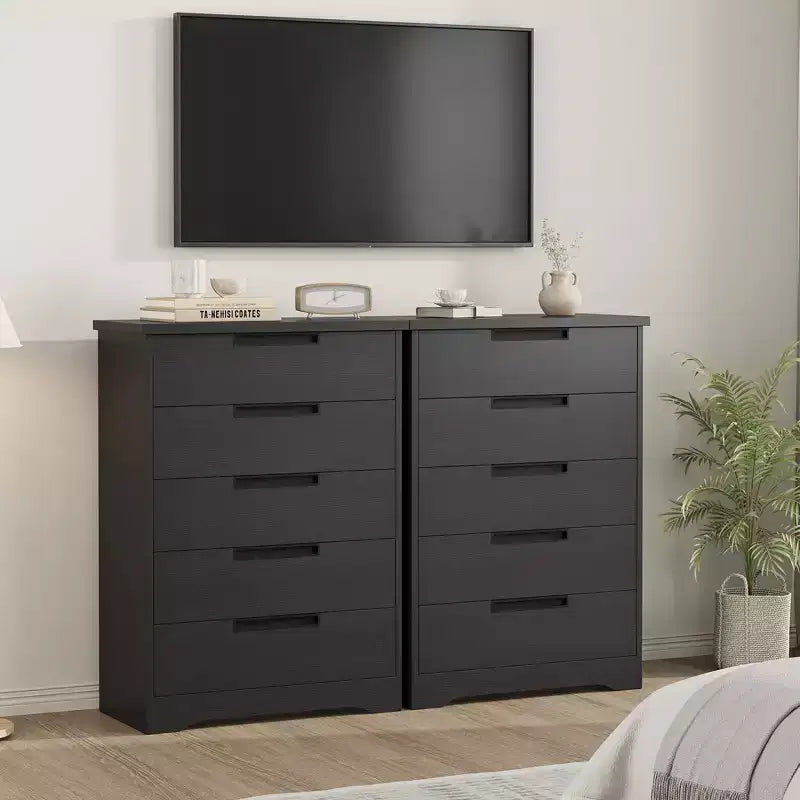 Comò a 5 cassetti per camera da letto, comodino nero con cassetti e maniglie incorporate, organizer in legno per soggiorno, cameretta, ingresso