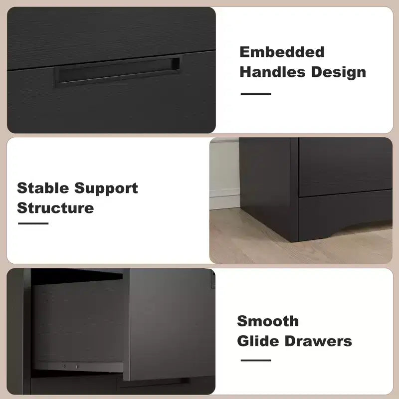 Comò a 5 cassetti per camera da letto, comodino nero con cassetti e maniglie incorporate, organizer in legno per soggiorno, cameretta, ingresso