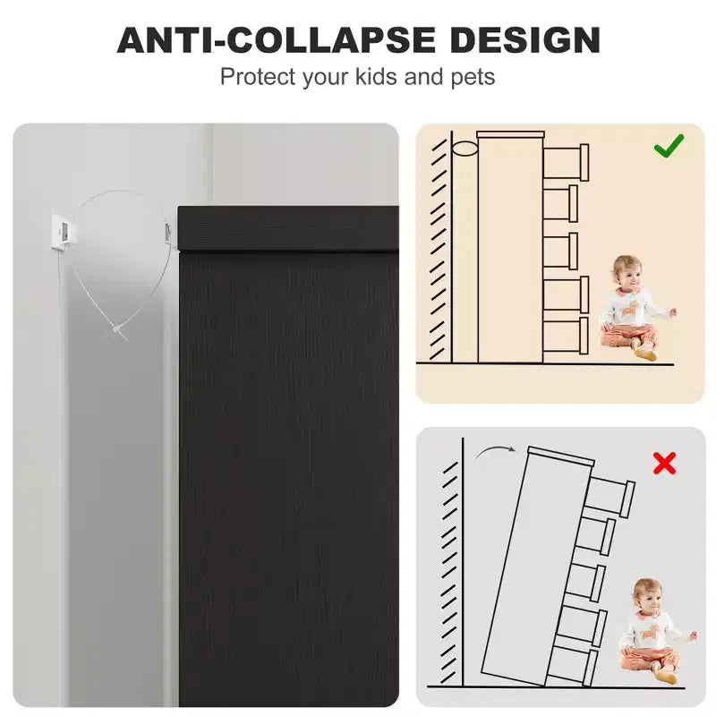 Comò a 5 cassetti per camera da letto, comodino nero con cassetti e maniglie incorporate, organizer in legno per soggiorno, cameretta, ingresso