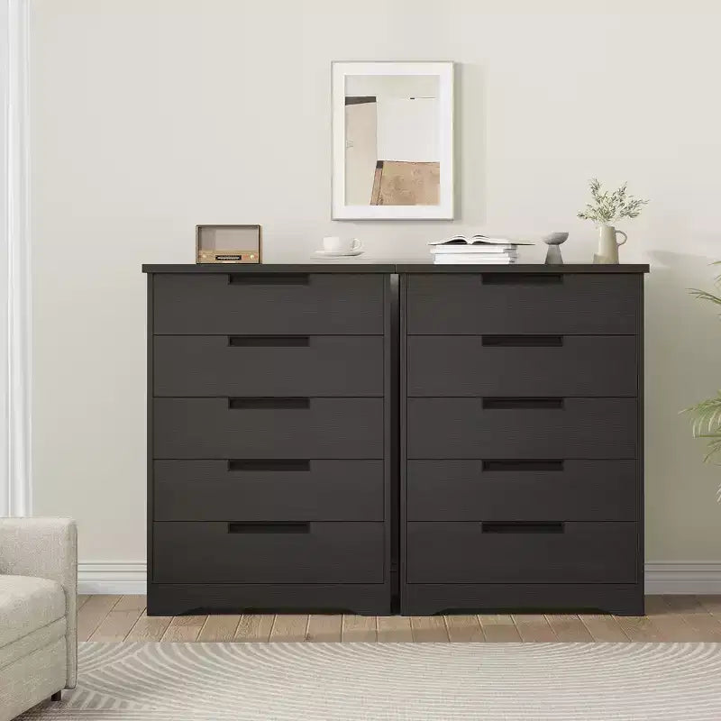 Comò a 5 cassetti per camera da letto, comodino nero con cassetti e maniglie incorporate, organizer in legno per soggiorno, cameretta, ingresso
