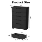 Comò a 5 cassetti per camera da letto, comodino nero con cassetti e maniglie incorporate, organizer in legno per soggiorno, cameretta, ingresso