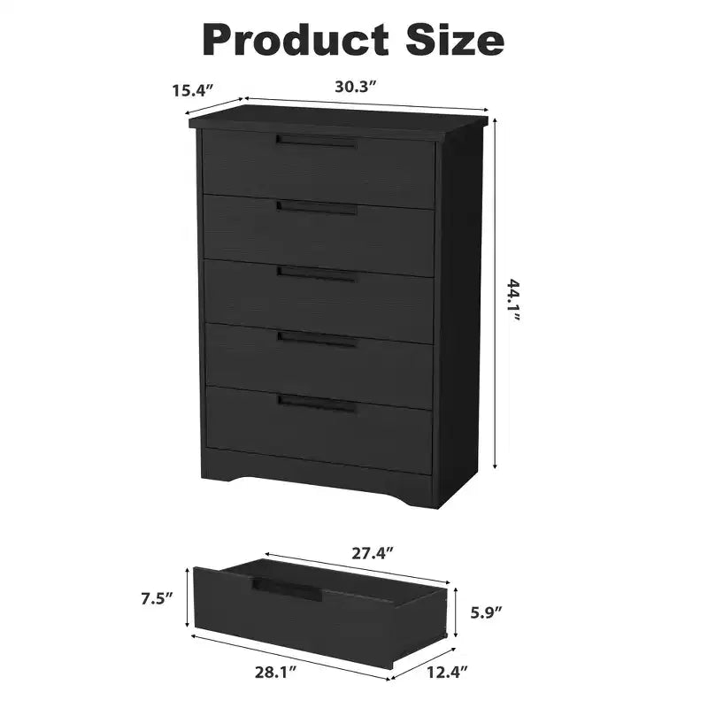 Comò a 5 cassetti per camera da letto, comodino nero con cassetti e maniglie incorporate, organizer in legno per soggiorno, cameretta, ingresso