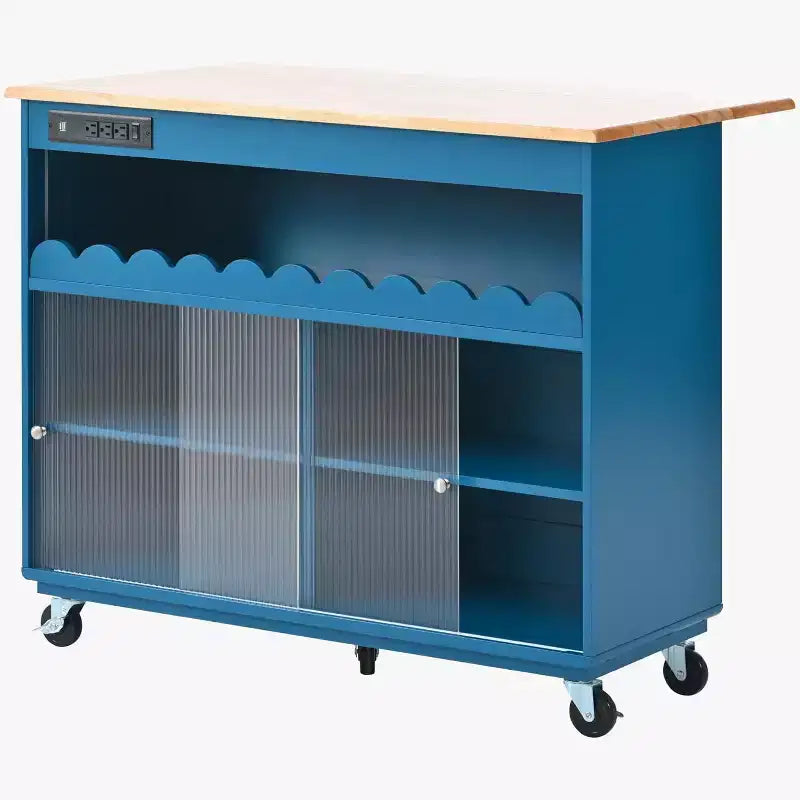 Isola da Cucina Acekool con Ruote, Ante Scorrevoli in Vetro Scanalato, Illuminazione Ambientale, Piano in Legno di Gomma, Prese di Corrente, Blu Grigio