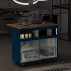 Isola da Cucina Acekool con Ruote, Ante Scorrevoli in Vetro Scanalato, Illuminazione Ambientale, Piano in Legno di Gomma, Prese di Corrente, Blu Grigio