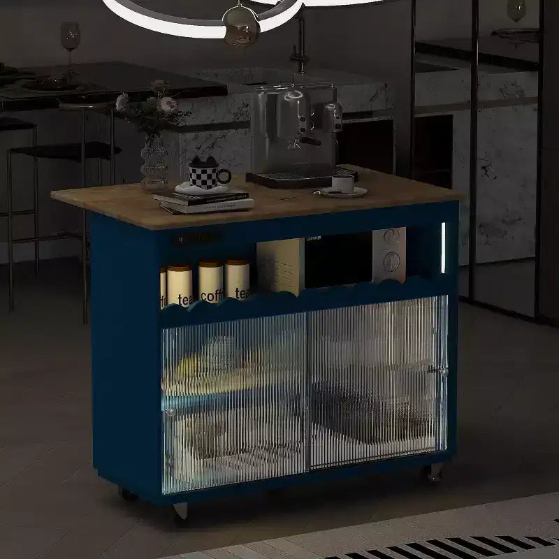 Isola da Cucina Acekool con Ruote, Ante Scorrevoli in Vetro Scanalato, Illuminazione Ambientale, Piano in Legno di Gomma, Prese di Corrente, Blu Grigio