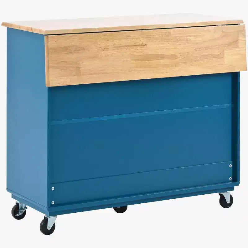 Isola da Cucina Acekool con Ruote, Ante Scorrevoli in Vetro Scanalato, Illuminazione Ambientale, Piano in Legno di Gomma, Prese di Corrente, Blu Grigio