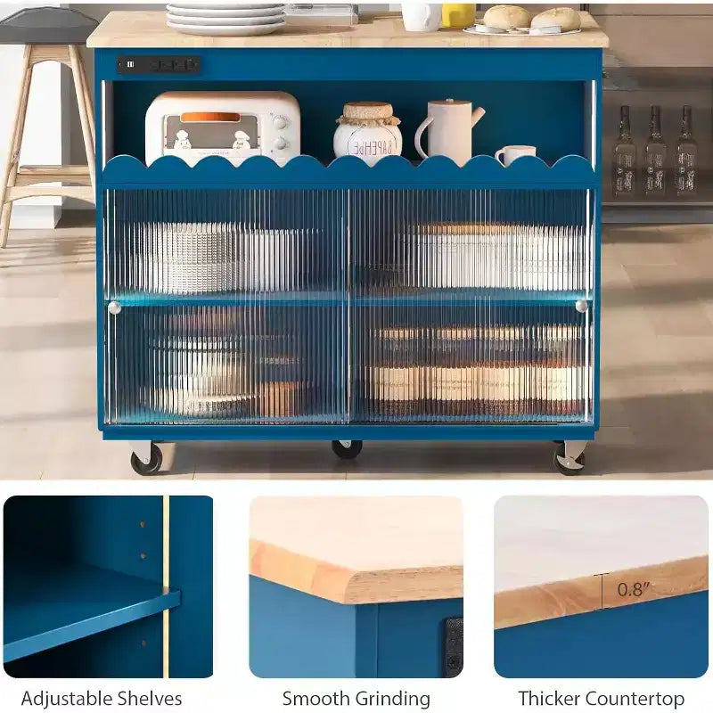 Isola da Cucina Acekool con Ruote, Ante Scorrevoli in Vetro Scanalato, Illuminazione Ambientale, Piano in Legno di Gomma, Prese di Corrente, Blu Grigio