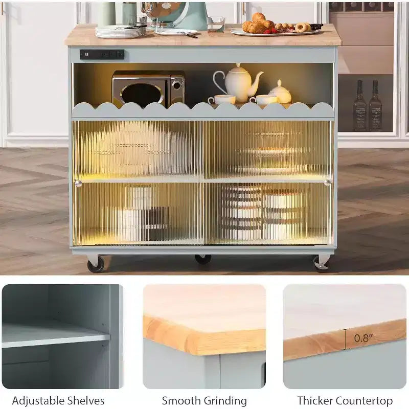 Isola da Cucina Acekool con Ruote, Ante Scorrevoli in Vetro Scanalato, Illuminazione Ambientale, Piano in Legno di Gomma, Prese di Corrente, Blu Grigio