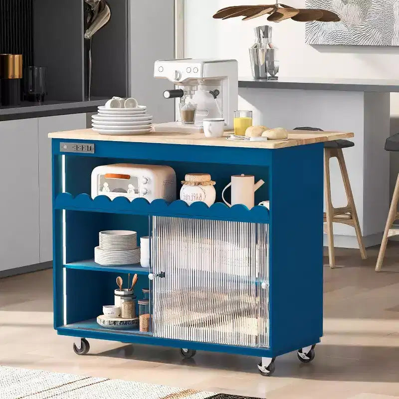 Isola da Cucina Acekool con Ruote, Ante Scorrevoli in Vetro Scanalato, Illuminazione Ambientale, Piano in Legno di Gomma, Prese di Corrente, Blu Grigio