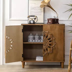 Mobiletto contenitore Okak Accent con intaglio floreale a mano e 2 ante in legno, mobiletto d'ingresso per soggiorno, cucina, marrone