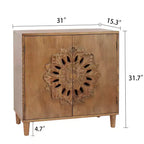 Mobiletto contenitore Okak Accent con intaglio floreale a mano e 2 ante in legno, mobiletto d'ingresso per soggiorno, cucina, marrone