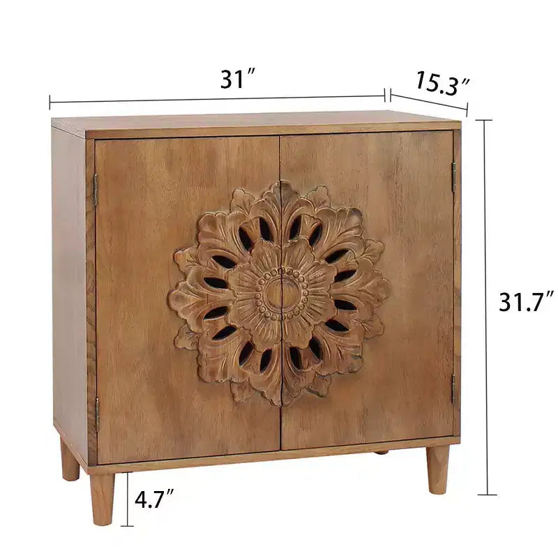 Mobiletto contenitore Okak Accent con intaglio floreale a mano e 2 ante in legno, mobiletto d'ingresso per soggiorno, cucina, marrone