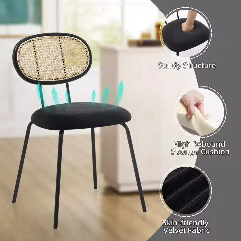 Set di 2 sedie da pranzo - Rivestimento in velluto in stile moderno di metà secolo, schienale in rattan, robuste gambe in metallo, perfette per cucina, soggiorno, reception