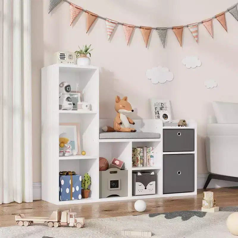 Kids BookshelfChildren Bookcase with Soft Cushion Seat  Childrens Toy Storage Cubby & Reading Nook, 44.1 Kids Storage Cabinet