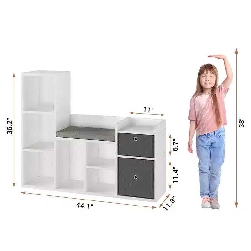 Scaffale per libri per bambini Libreria per bambini con sedile imbottito morbido Armadietto per giocattoli e angolo lettura per bambini, Armadio portaoggetti per bambini da 44,1 cm