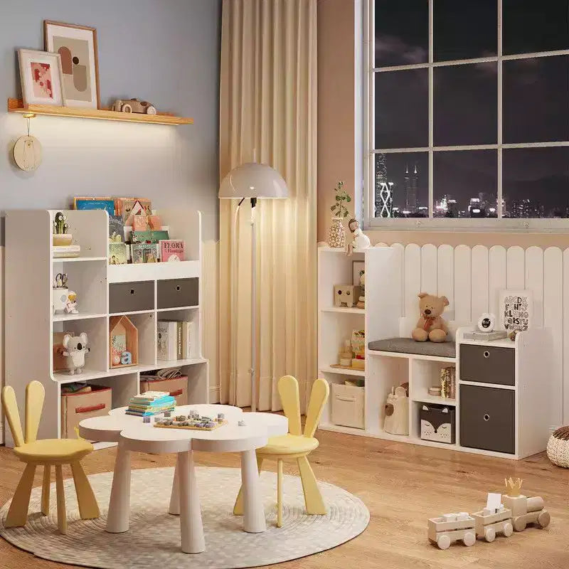 Scaffale per libri per bambini Libreria per bambini con sedile imbottito morbido Armadietto per giocattoli e angolo lettura per bambini, Armadio portaoggetti per bambini da 44,1 cm